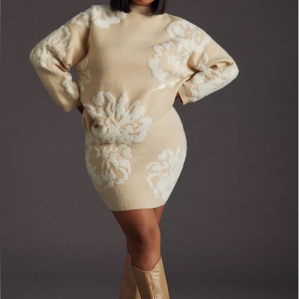 Anthropologie Two Piece Set Mock Neck Sweater Mini Skirt Coquette Spring Chic SP